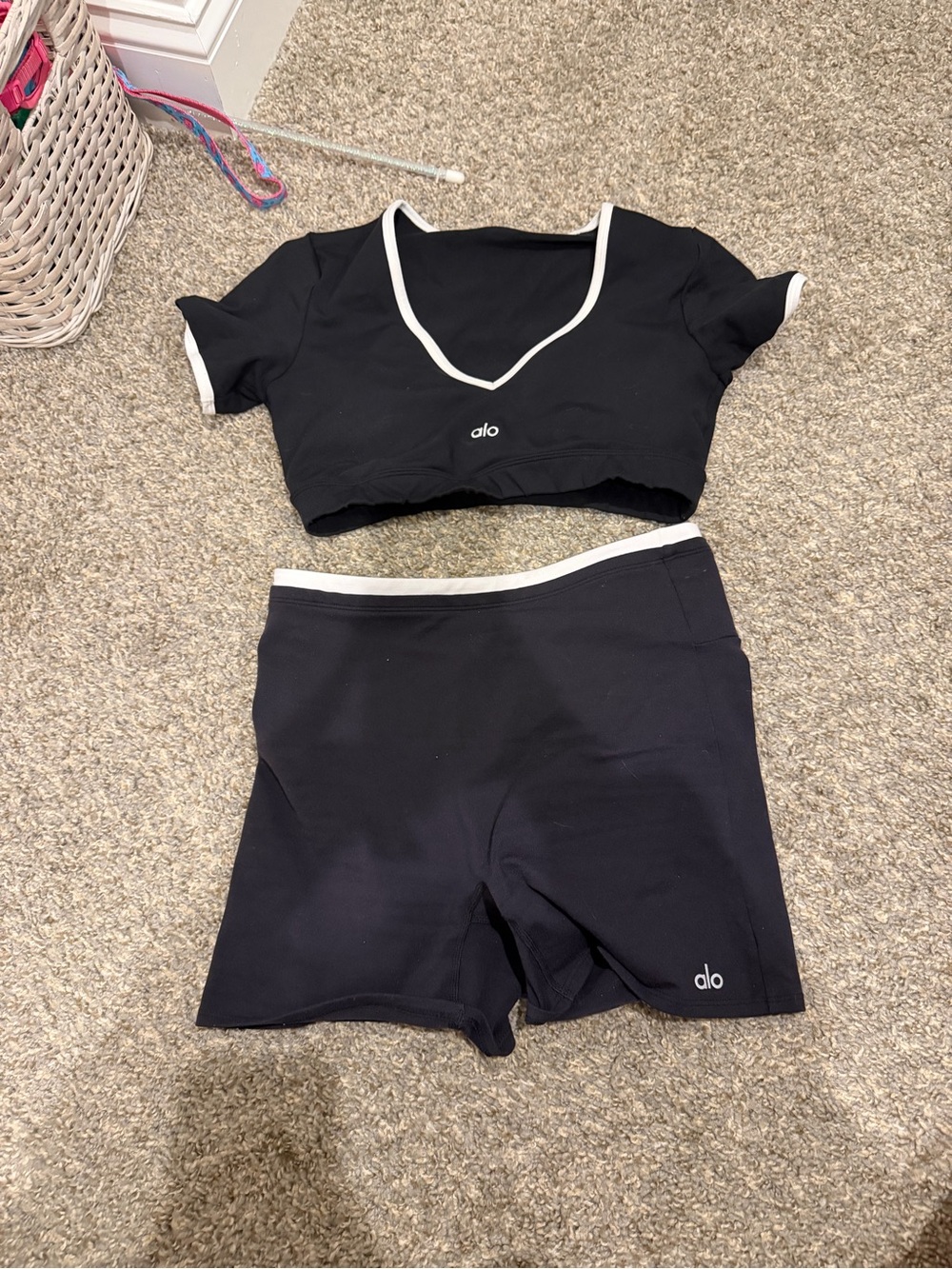ALO Yoga Black Crop Top and High-Waist Shorts Set with White Trim